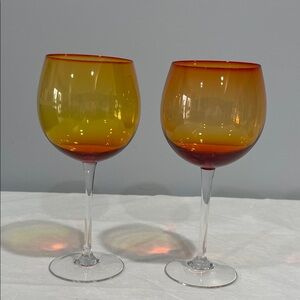 Blenko Amberina balloon wine glasses set of 2 orange red with clear stem 16 Oz